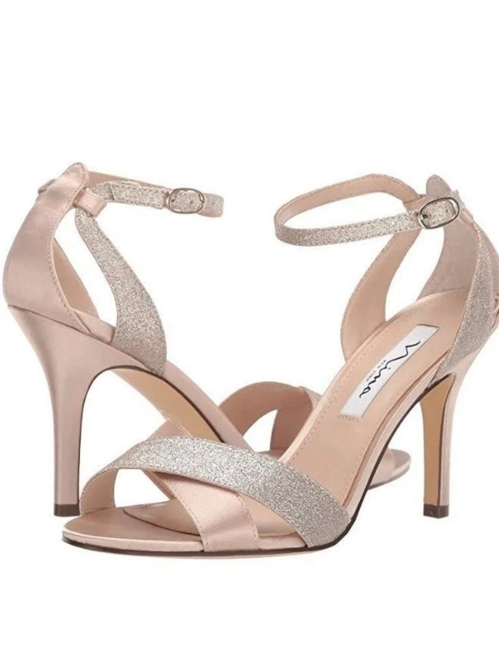 Nina New York Venus Crisscross Pearl Rose Glitter Ankle-Strap Heels size 10